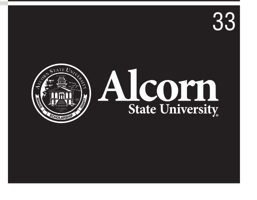 Alcorn State University wordmark with seal, white on black variant, cell 33