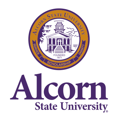 Alcorn State University stacked wordmark with seal, purple and gold variant, cell 39