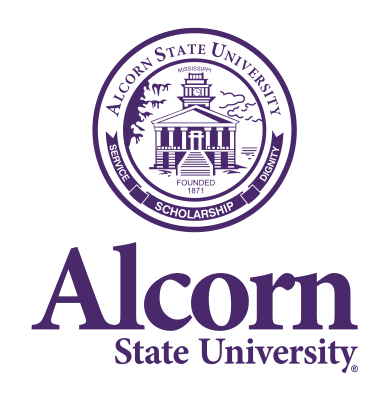 Alcorn State University stacked wordmark with seal, purple and white variant, cell 40