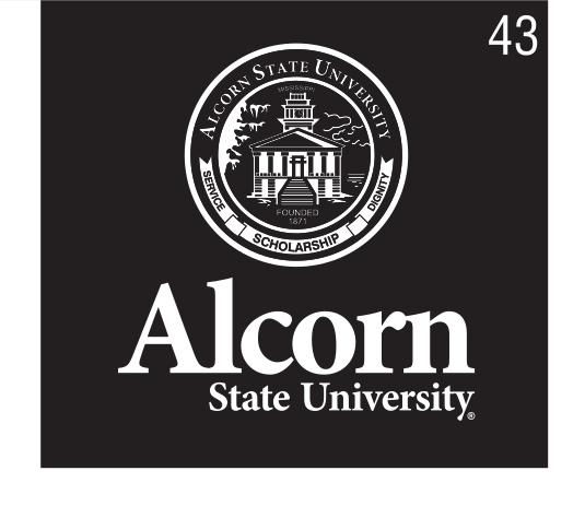 Alcorn State University stacked wordmark with seal, white on black variant, cell 43