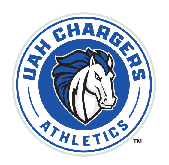 UAH CHARGERS ATHLETICS horse head, blue/white with white and black outline variant, cell 25