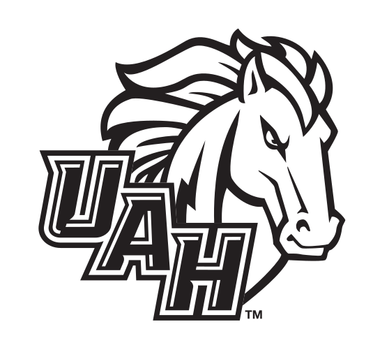 UAH wordmark with horse head mascot, black and white variant, cell 67