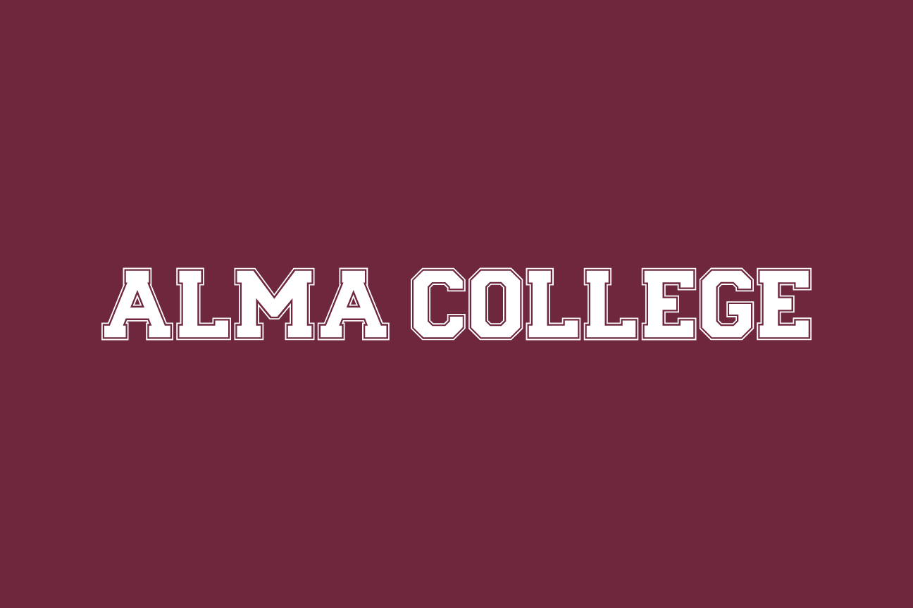 ALMA COLLEGE wordmark, white on maroon variant, cell 4