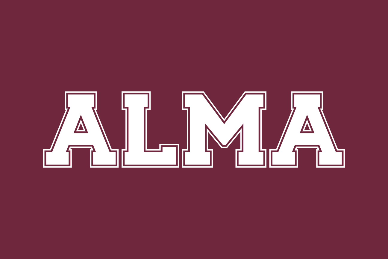 ALMA wordmark, white on maroon variant, cell 8