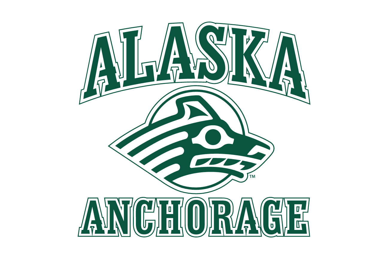 Seawolves mascot with Alaska Anchorage wordmark, green variant, cell 2