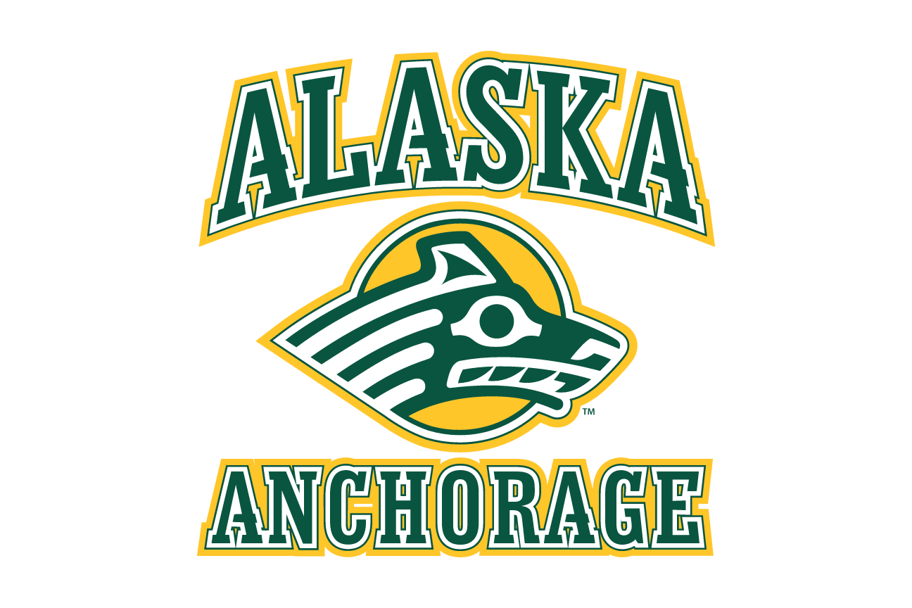 Seawolves mascot with Alaska Anchorage wordmark, green and gold variant, cell 3