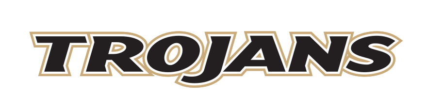 Trojans wordmark, black text, gold outline, Pantone Coated variant