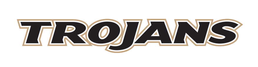 Trojans wordmark, black text, gold outline, Pantone Uncoated variant
