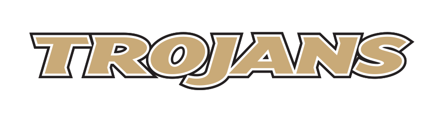 Trojans wordmark, gold text, black outline, Pantone Coated variant