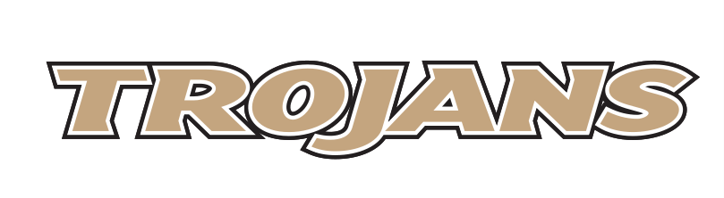 Trojans wordmark, gold text, black outline, Pantone Uncoated variant
