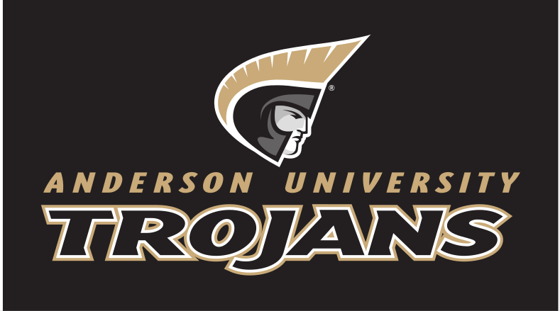 Anderson University Trojans logo, stacked, coated, black text, gold outline, gold AU variant
