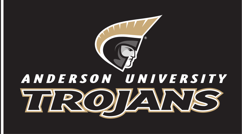 Anderson University Trojans logo, stacked, coated, black text, gold outline, white AU variant