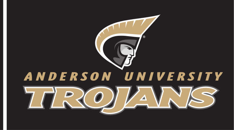 Anderson University Trojans logo, stacked, coated, gold text, gray outline, gold AU variant