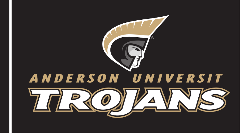 Anderson University Trojans logo, stacked, coated, white text, black gold outline, gold AU variant