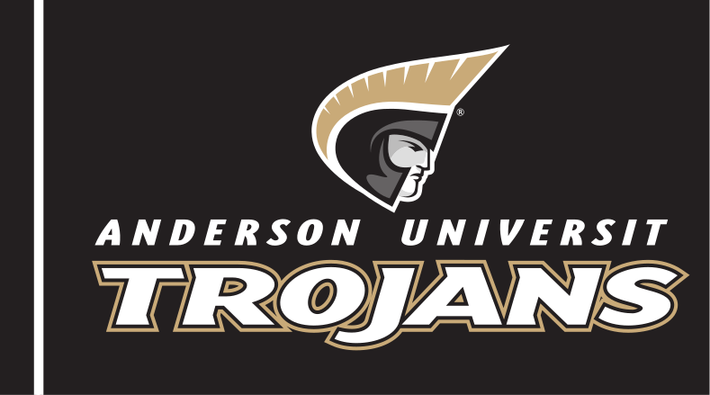 Anderson University Trojans logo, stacked, coated, white text, black gold outline, white AU variant