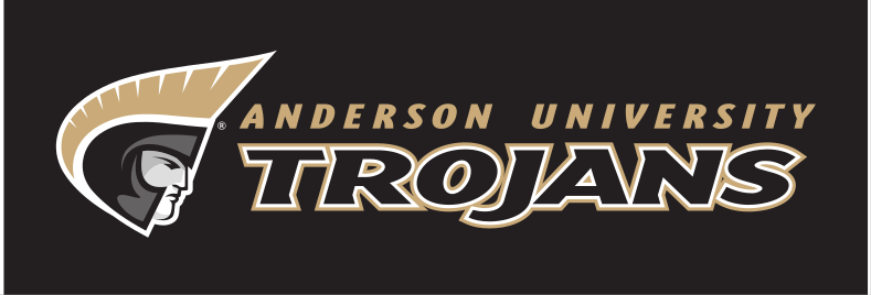 Anderson University Trojans logo, horizontal, coated, black text, gold outline, gold AU variant