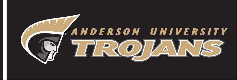 Anderson University Trojans logo, horizontal, coated, gold text, gray outline, gold AU variant