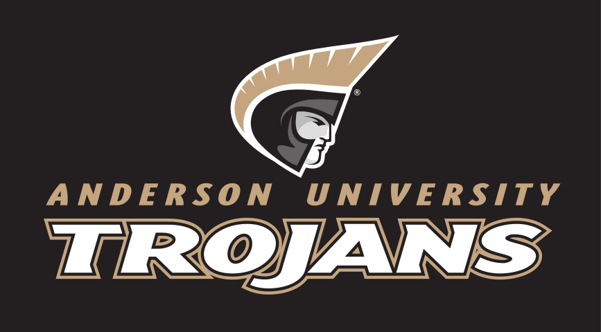 Anderson University Trojans logo, stacked, uncoated, white text, black gold outline, gold AU variant