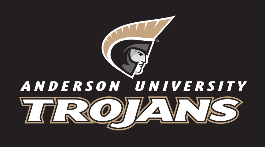 Anderson University Trojans logo, stacked, uncoated, white text, black gold outline, white AU variant