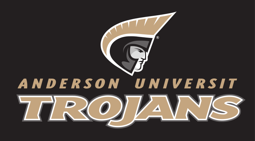 Anderson University Trojans logo, stacked, uncoated, gold text, gray outline, gold AU variant