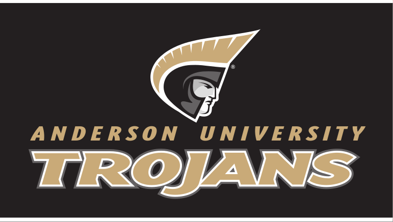 Anderson University Trojans logo, stacked, uncoated, gold text, gray outline, gold AU variant