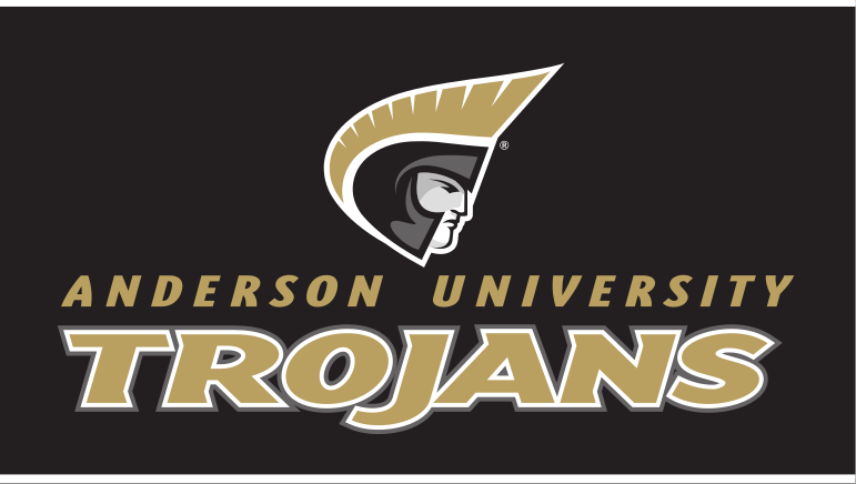 Anderson University Trojans logo, stacked, uncoated, gold text, gray outline, gold AU variant