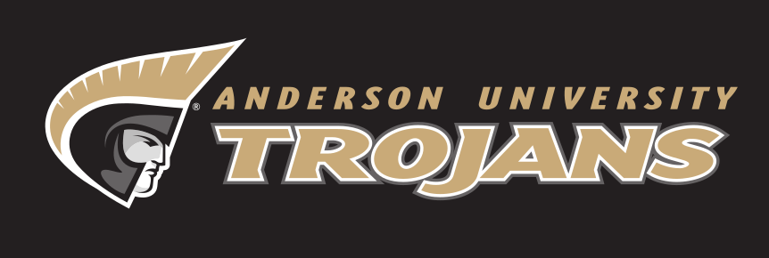 Anderson University Trojans logo, horizontal, uncoated, gold text, gray outline, gold AU variant