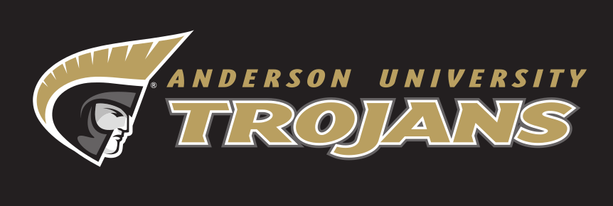 Anderson University Trojans logo, horizontal, uncoated, gold text, gray outline, gold AU variant