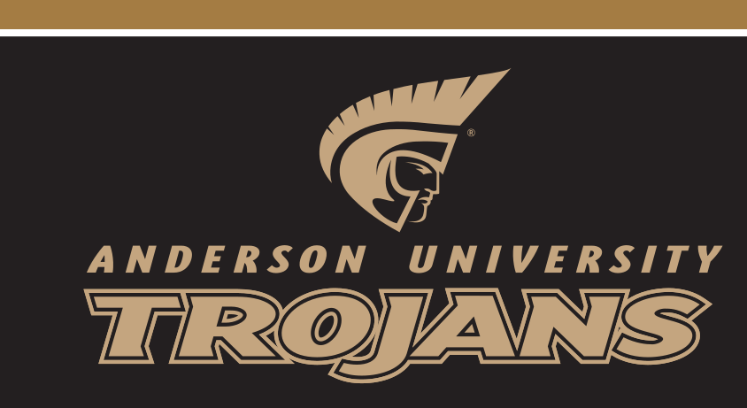 Anderson University Trojans wordmark with icon, gold Pantone Uncoated variant