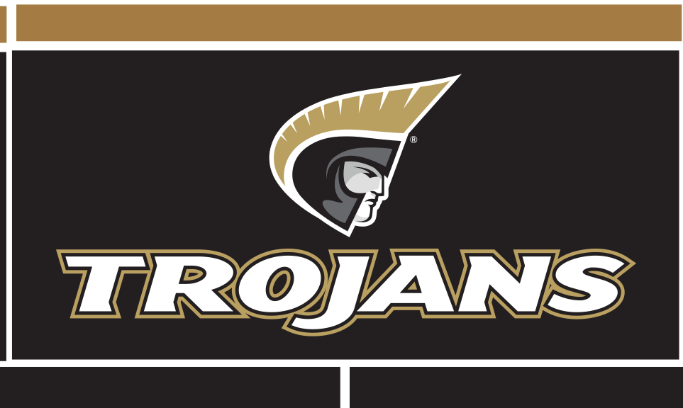 Trojans wordmark with icon, white text, gold black outline variant