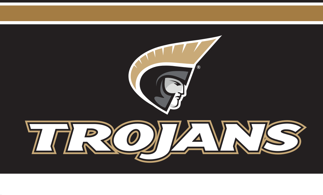 Trojans wordmark with icon, white text, gold black outline (Pantone Coated) variant