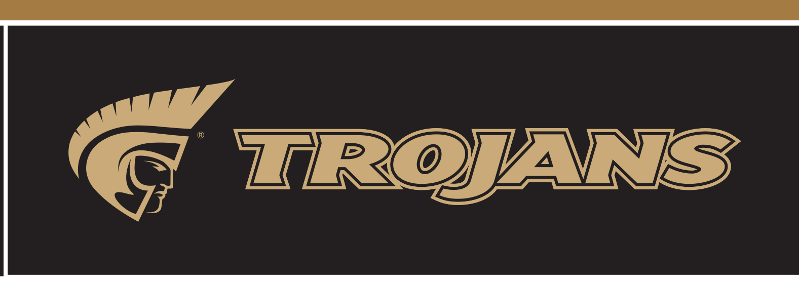Trojans wordmark with icon, gold text, gold outline (Pantone Coated) variant