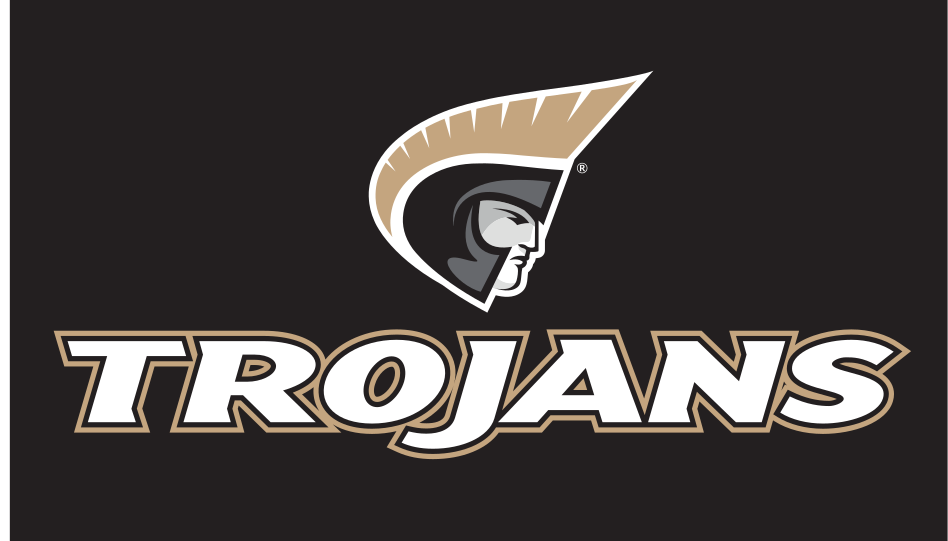 Trojans wordmark with icon, vertical, white text, gold black outline variant