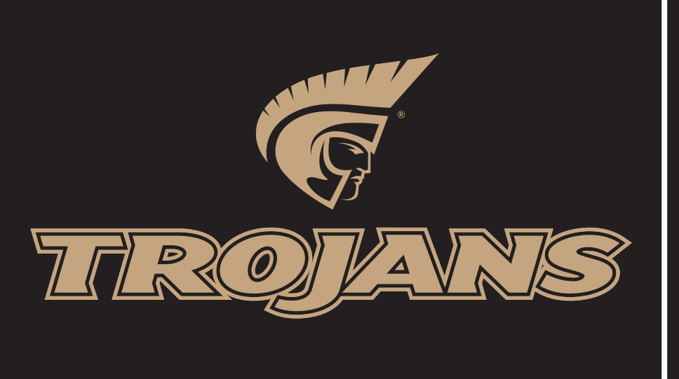 Trojans wordmark with icon, vertical, gold text, gold outline variant
