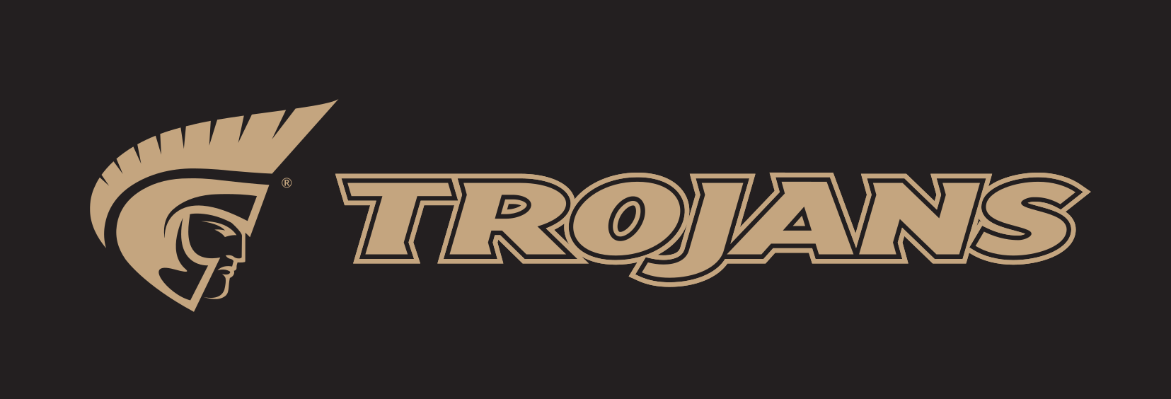 Trojans wordmark with icon, horizontal, gold text, gold outline variant