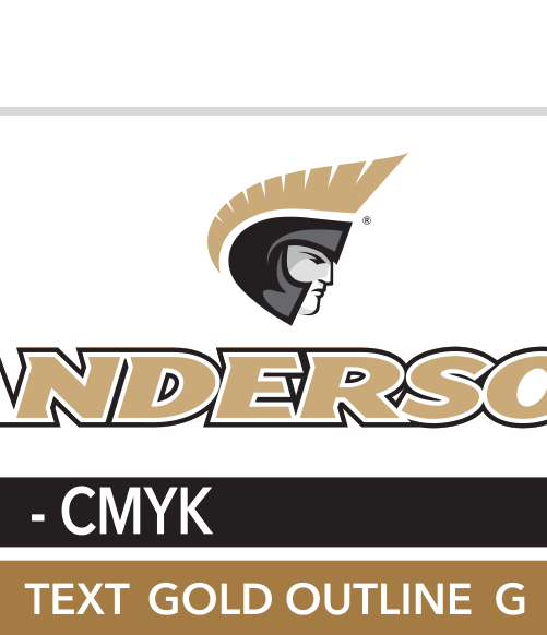 Anderson wordmark with icon, stacked, Pantone Coated gold text, white black outline variant