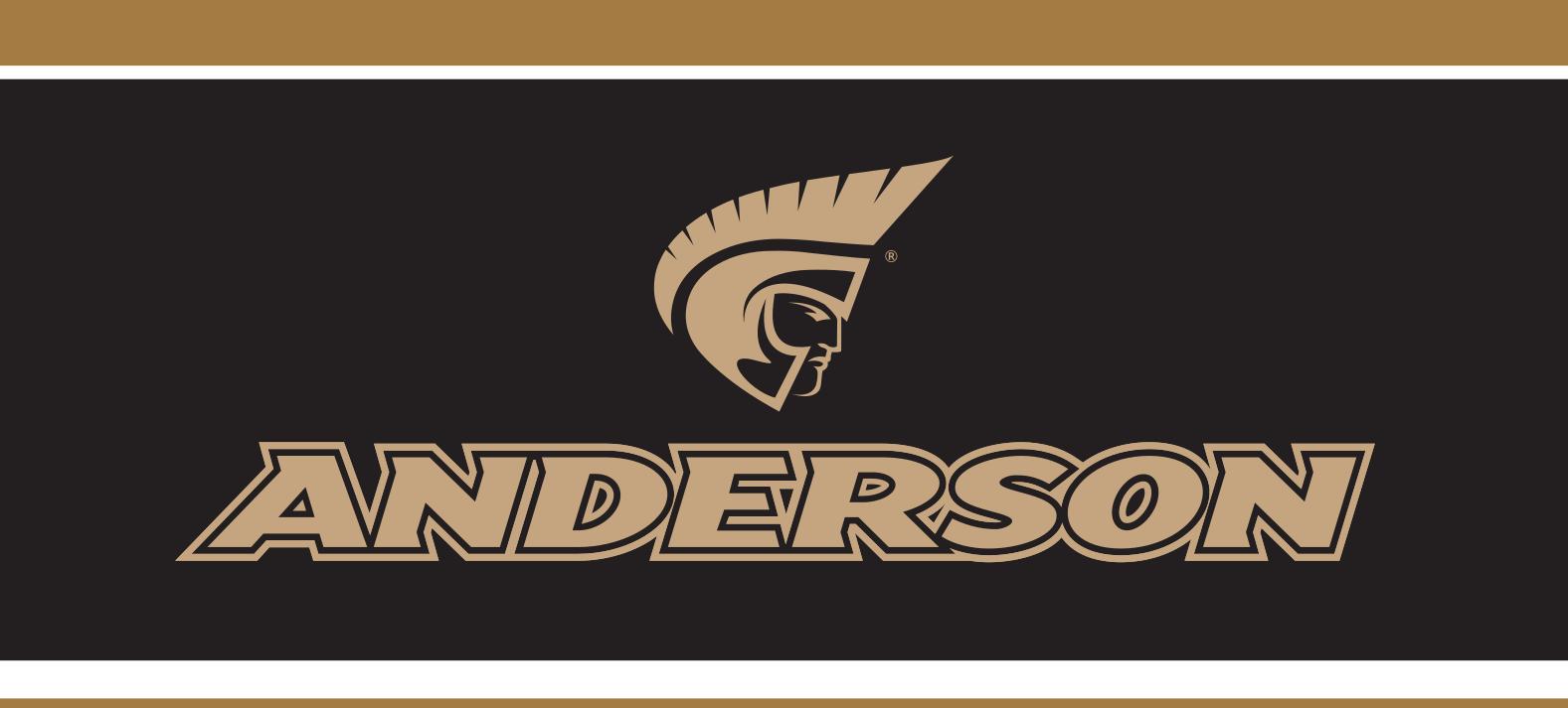 Trojan head and Anderson wordmark, stacked, gold text, gold outline, Pantone Uncoated, on dark background variant