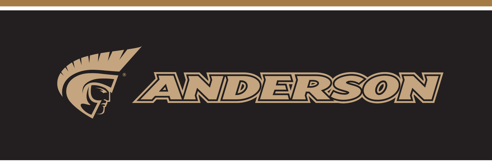 Trojan head and Anderson wordmark, horizontal, gold text, gold outline, Pantone Uncoated, on dark background variant