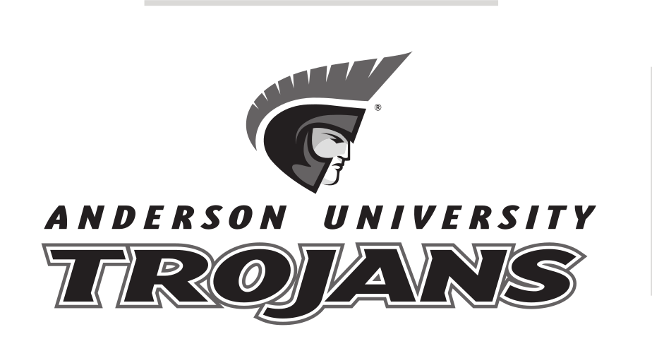Anderson University Trojans lockup, stacked, black text, gray outline, black AU variant