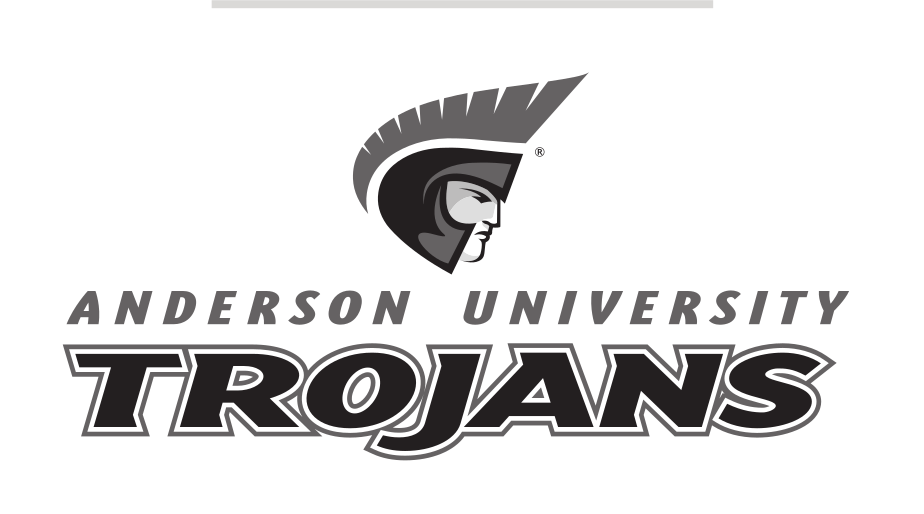 Anderson University Trojans lockup, stacked, black text, gray outline, gray AU variant