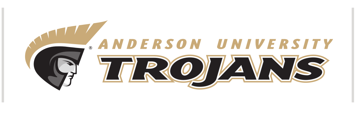 Anderson University Trojans lockup, horizontal, black text, gold outline, gold AU variant