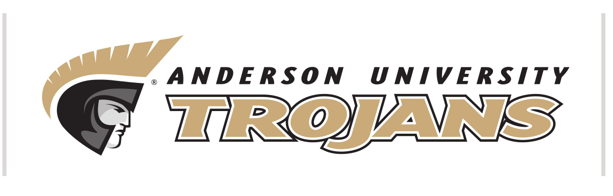 Anderson University Trojans lockup, horizontal, gold text, black outline, black AU variant