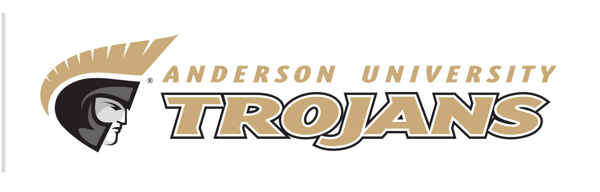 Anderson University Trojans lockup, horizontal, gold text, black outline, gold AU variant
