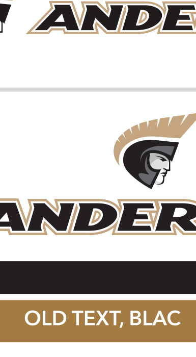 Anderson University Trojans wordmark, Gold text, black outline, gold AU variant