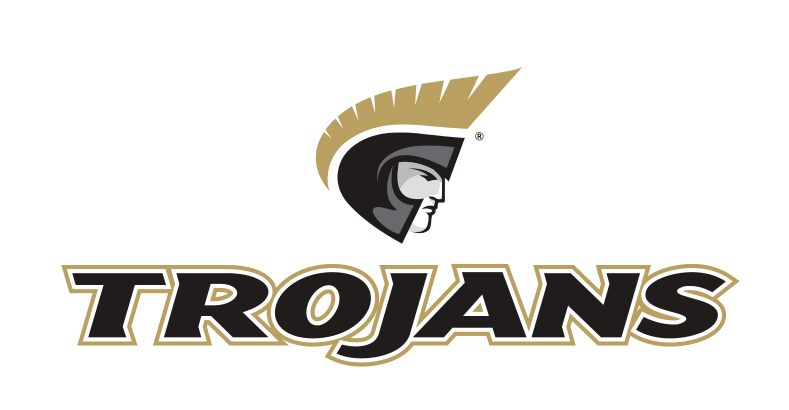 Trojan athletic wordmark with icon, vertical, CMYK black text white gold outline variant