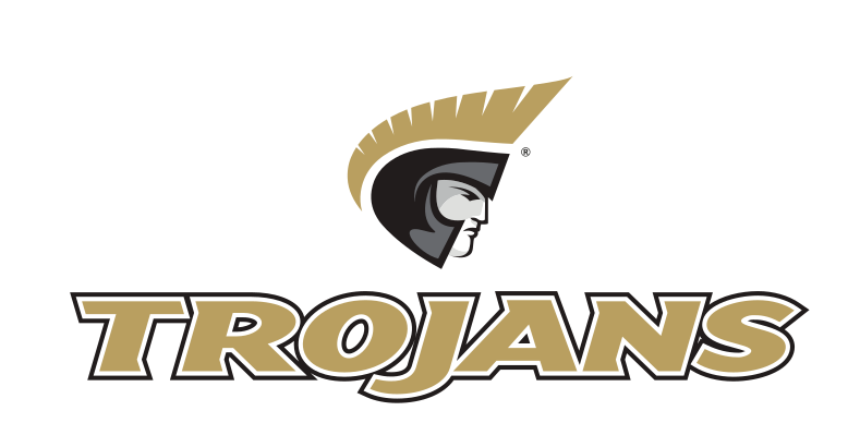 Trojan athletic wordmark with icon, vertical, CMYK gold text white black outline variant