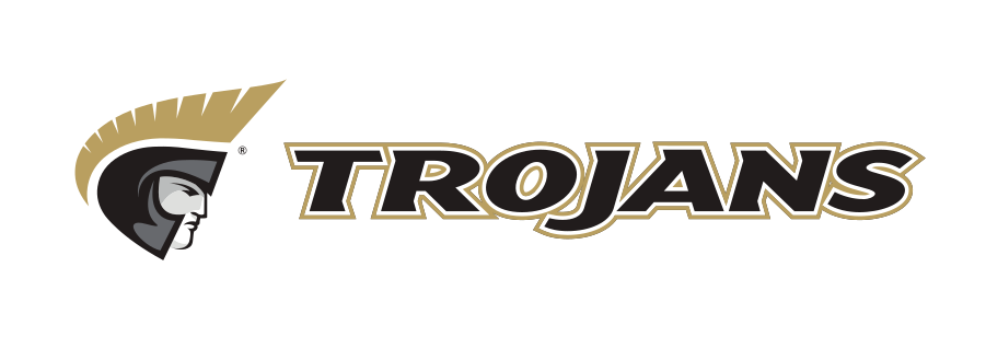 Trojan athletic wordmark with icon, horizontal, CMYK black text white gold outline variant
