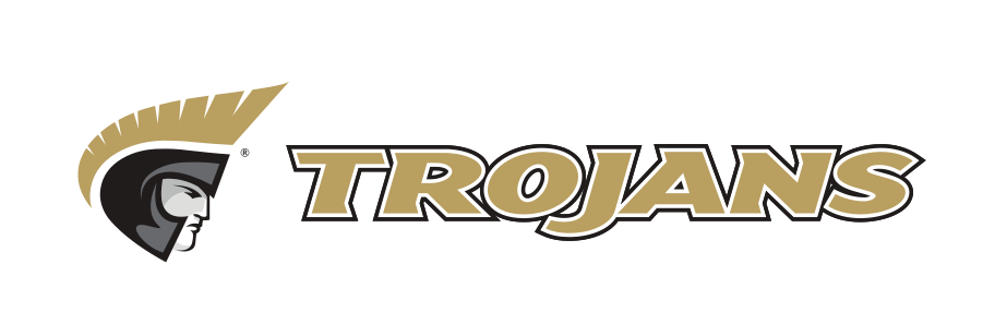 Trojan athletic wordmark with icon, horizontal, CMYK gold text white black outline variant