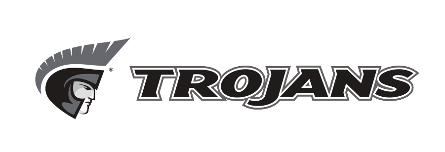 Trojan athletic wordmark with icon, horizontal, CMYK black text white gray outline variant