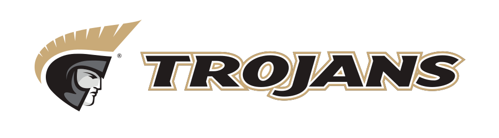 Trojan athletic wordmark with icon, horizontal, Pantone Coated black text white gold outline variant